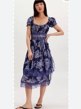 Free People Honeysuckle Floral Lace-Trim Navy Midi Dress